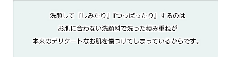 洗顔して『しみたり』『つっぱったり』するのはお肌に合わない洗顔料で洗った積み重ねが本来のデリケートなお肌を傷つけてしまっているからです。